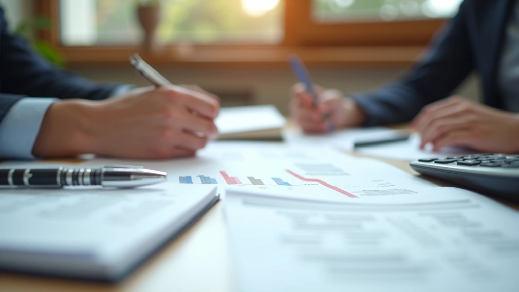 Notebook a pero na pracovním stole s grafy a statistikami