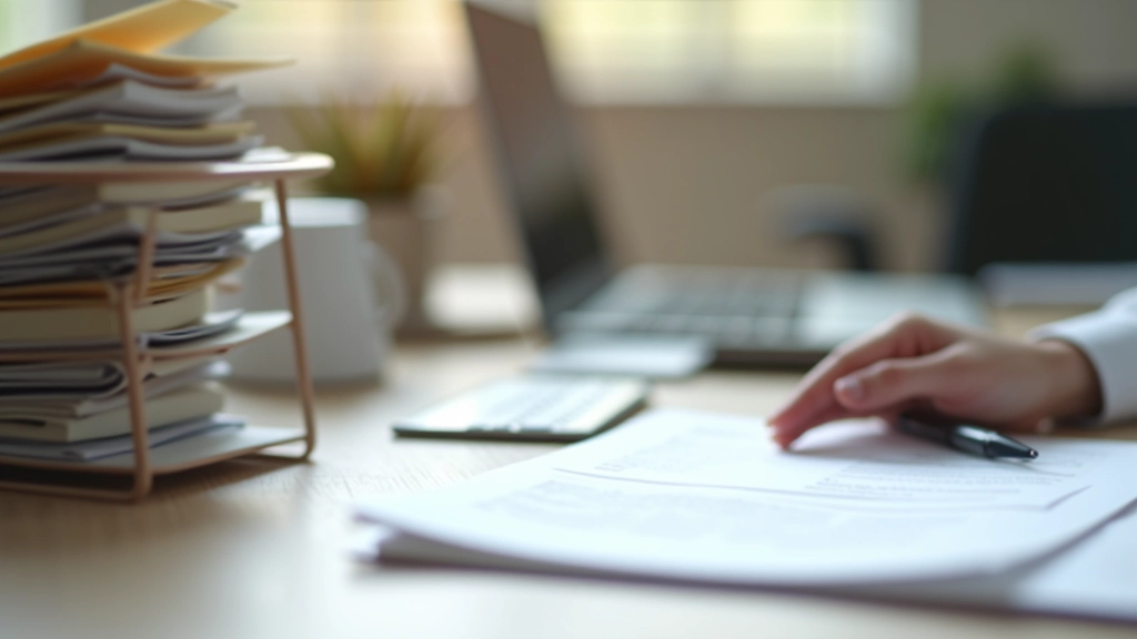 Uspořádaný stůl s organizérem, dokumenty a poznámkami k pojistným záloham