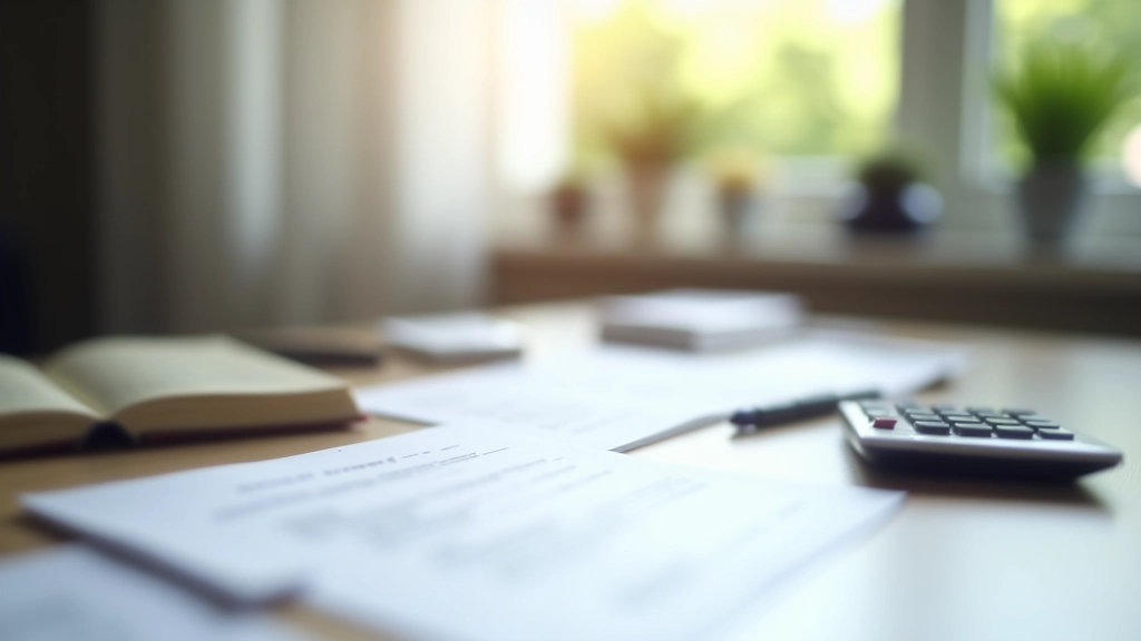 Stůl s notebookem, kalkulačkou a pojistnými dokumenty